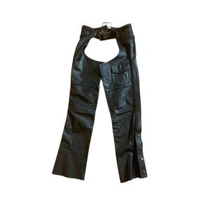 MOB extra small black leather motorcycle Chaps braided zipper Harley western